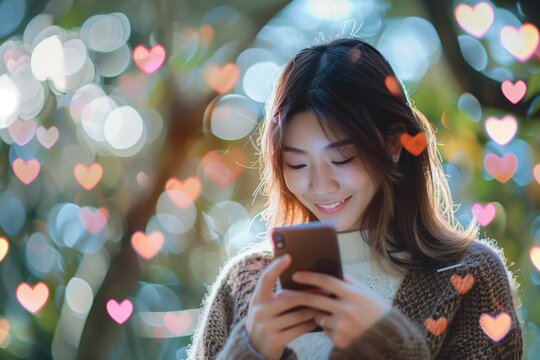 Young asian woman enjoying a joyful moment while using her smartphone outdoors, surrounded by soft heart icons symbolizing love, online connections, and the warmth of virtual interaction