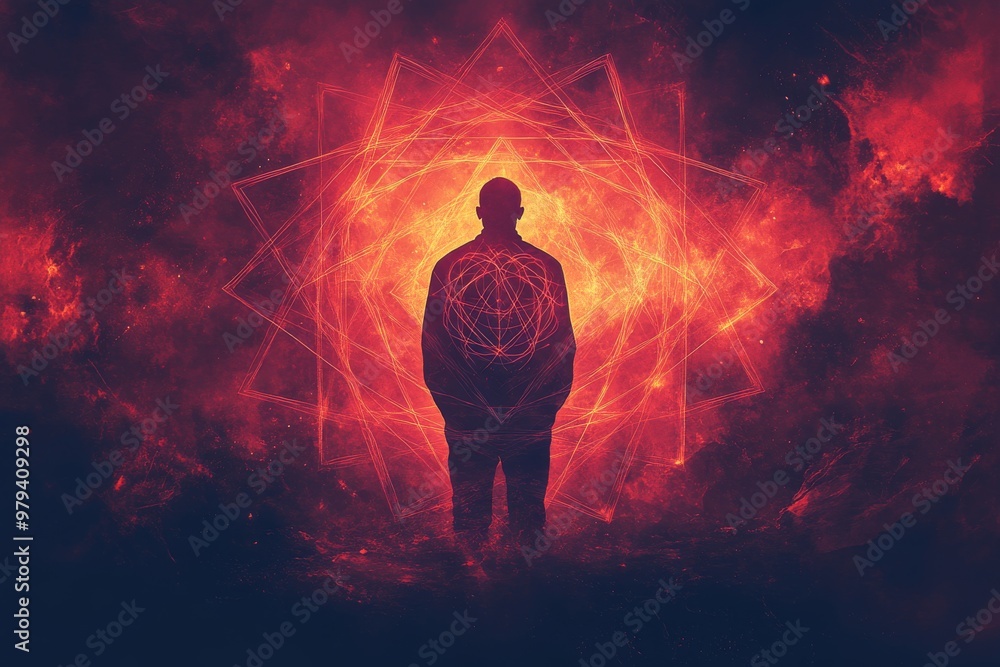 Poster figure standing in front of an abstract vortex of fiery red light symbolizing inner strength transfo