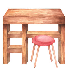 Wooden table with shelves and stool with red cushion. Furniture clipart. Interior. design. Hand-drawn watercolor illustration