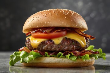 A close-up shot of a gourmet burger