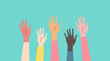 Obraz premium Diverse hands raised in unity and support, symbolizing collaboration, inclusion, and community engagement.