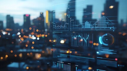 Futuristic city skyline with digital analytics displaying graphs and data, representing technology and innovation.