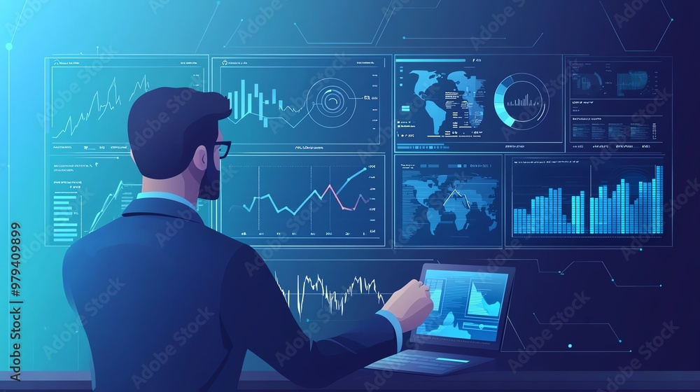 Poster a business professional analyzing data on multiple screens in a modern workspace, showcasing digital