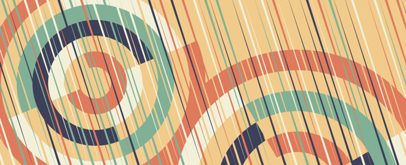 Obraz premium Abstract vector background with a dynamic composition of curved lines and geometric shapes in a retro color palette. Overlapping circles and vertical lines in a variety
