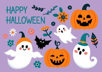 Set of decorative elements for Halloween. Cute ghosts, scary pumpkins, bats, flowers, skulls, inscriptions. For invitations, posters, cards, social media, banners.