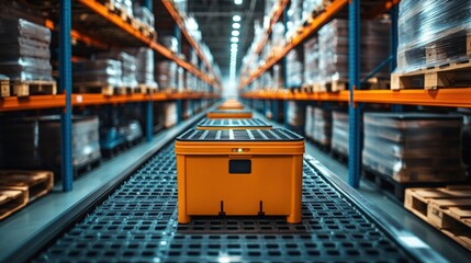 A warehouse interior featuring orange storage containers on a conveyor system.