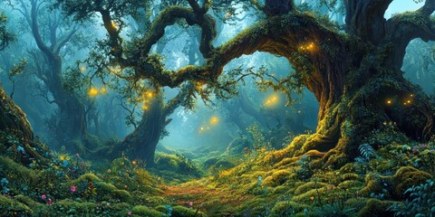 Enchanted forest with glowing lights, lush greenery, and mystical atmosphere.