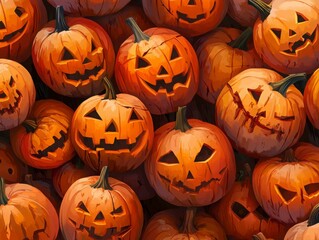 Array of Carved Halloween Pumpkins