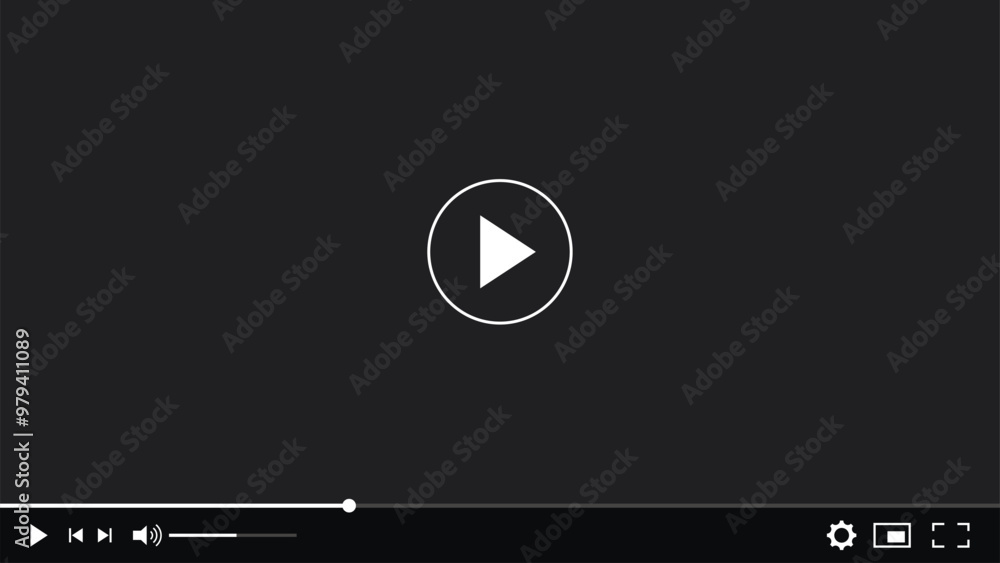 Poster multimedia video player with play button, play video window with navigation icons, video streaming o