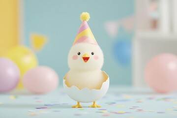 Cartoon-style chick in a party hat sitting in an eggshell, set against a pink background with balloons and confetti, perfect for a children's celebration theme.