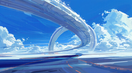 Fototapeta premium Futuristic sci-fi roads, futuristic cars, futuristic architecture, blue skies, digital art styles.