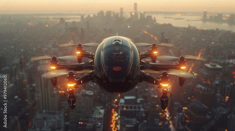 Poster capture the precision of a flying taxi navigating through busy airspace and avoiding obstacles using