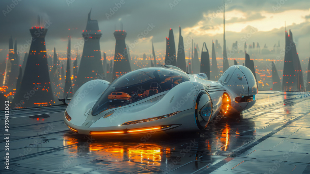 Poster capture the precision of a flying car docking with a charging station or refueling platform, highlig