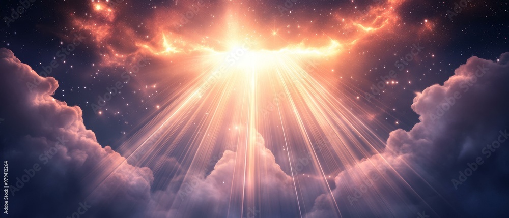 Poster ethereal cosmic scene with radiant light beams and swirling star clusters capturing the mystique of 