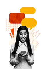 Vertical photo collage of excited girl hold phone receive notification exclamation mark...