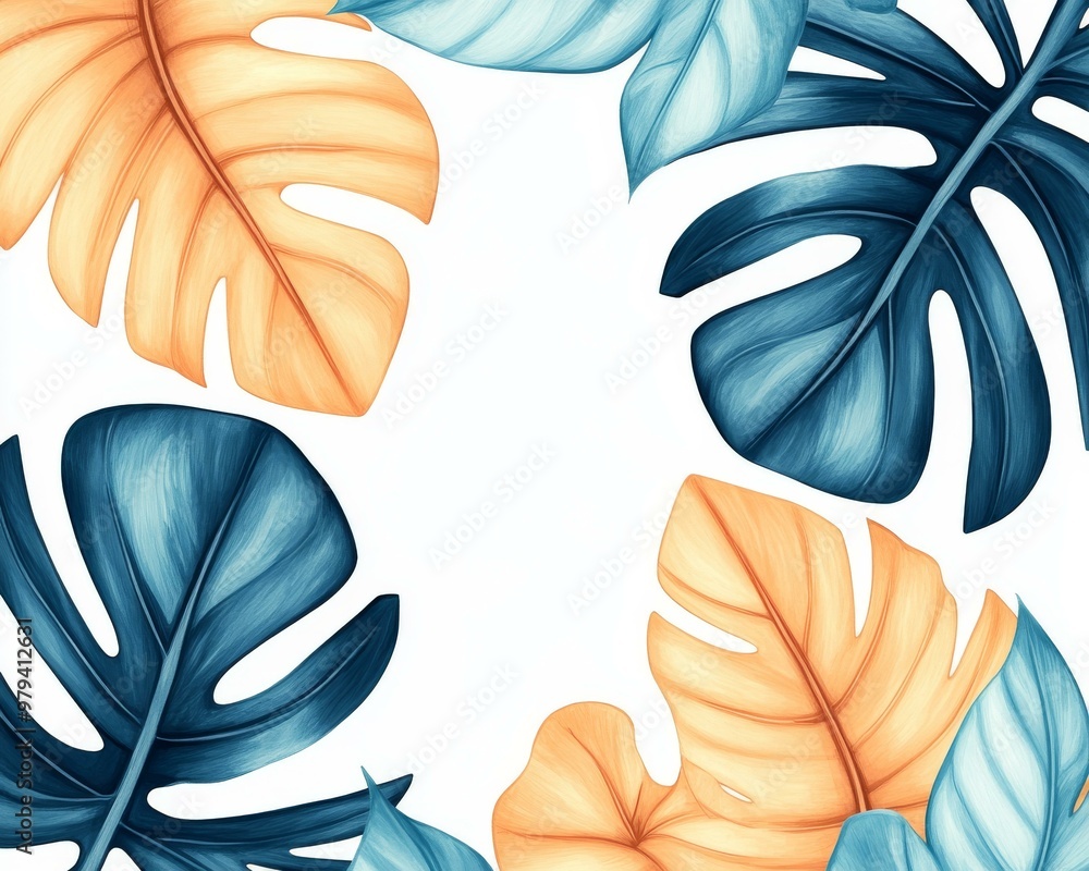 Poster handdrawn seamless pattern featuring unique tropical leaves with diverse shading and textures for el