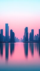 Obraz premium A stunning city skyline at dusk, reflecting vibrant colors in serene water, showcasing modern architecture and tranquil beauty.