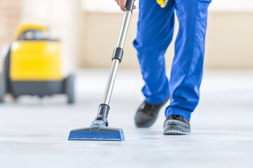 A janitor in blue uniform using a floor-cleaning machine to maintain cleanliness in a public space.