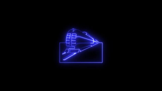 Neon line purple color train icon animations representing railway concept and black background.4k video