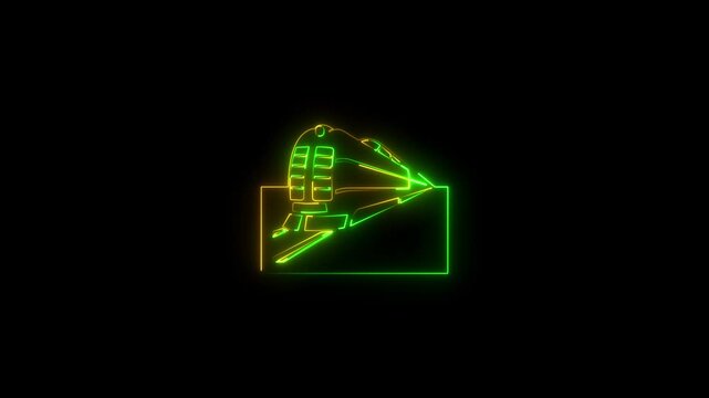  Bright Neon line green and orange two color train icon animations representing railway concept and black background.4k video