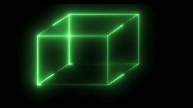 Abstract background, cube box with glowing neon lines on black background. Square box with bright neon lines.