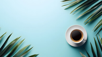 A cup of coffee centered in the image, viewed from the top, with a deep light sky background.
