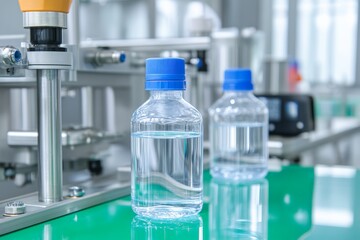 Automated bottling machine in a factory, filling plastic bottles with liquid in a clean and modern production line.