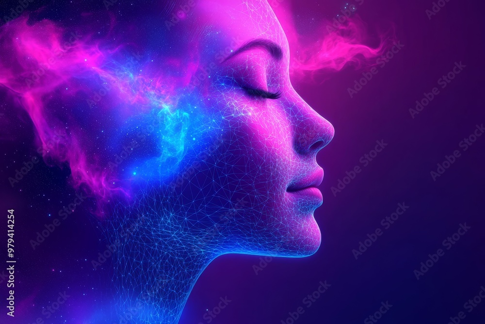 Aufkleber side profile of a woman’s face with glowing particles symbolizing peace harmony and the quiet streng