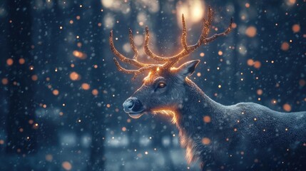 Fototapeta premium A majestic deer stands gracefully amidst falling snow, radiating a serene glow in a tranquil winter landscape.