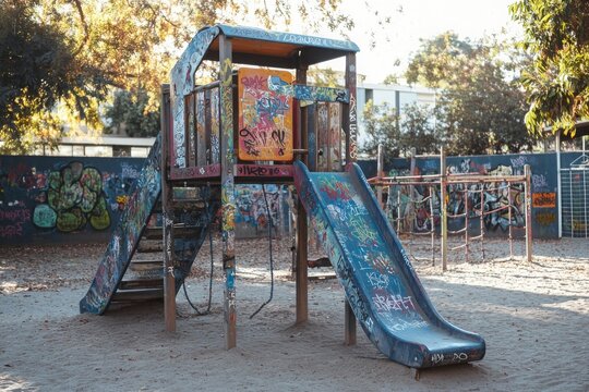 A kids playground being vandalized. - Powered by Adobe