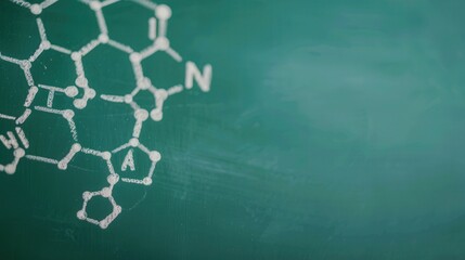 Chemical Formulas and Structures on Chalkboard, educational setting, vibrant chemistry concepts, engaging visual for students, intricate scientific illustrations, dynamic learning environment