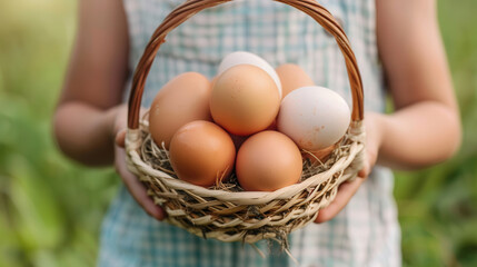 Child cradling a basket of freshly laid eggs, showcasing the joys of free-range farming in the gentle glow of morning light, celebrating nature's bounty and simplicity.