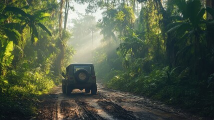 Road through a dense jungle with towering trees and exotic wildlife as a jeep rumbles through the lush greenery under a misty sky