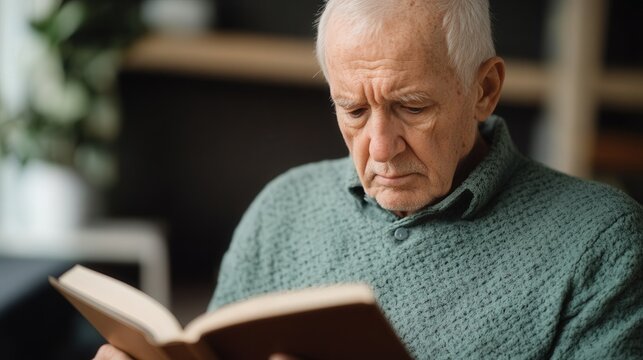 Elderly man immersed in a book, warm tones enveloping him, reflecting the poignant battle against memory loss in dementia.