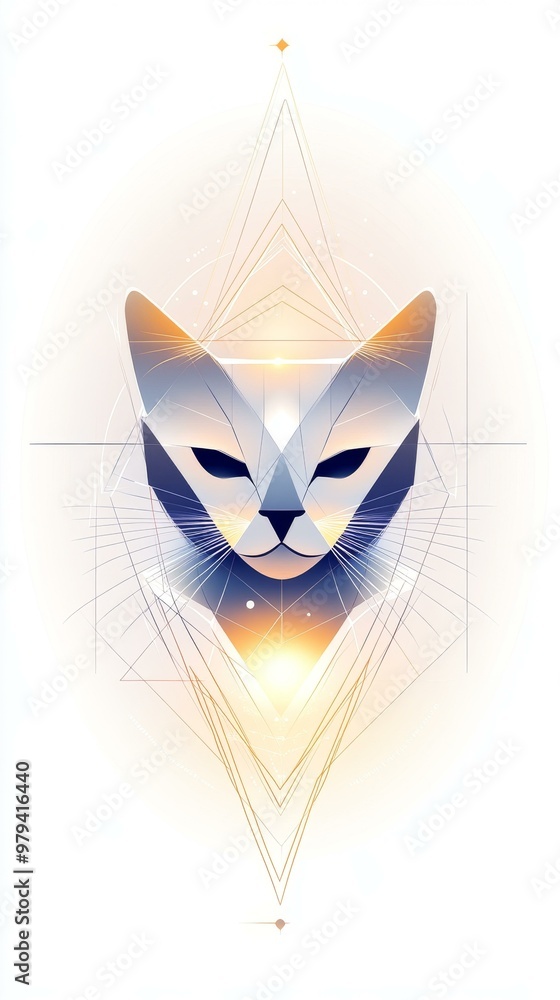 Poster abstract geometric cat design with clean lines in soft muted tones for modern decor and artistic exp