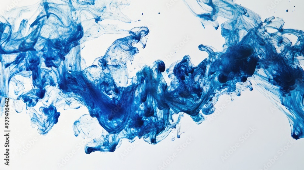 Poster blue ink dropping into clear water, creating swirling patterns and abstract shapes