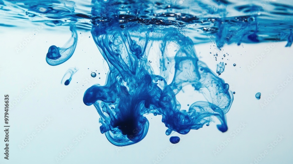 Aufkleber blue ink dropping into clear water, creating swirling patterns and abstract shapes