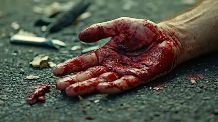 Close-up of a bloodied hand gripping the ground after an accident, showing severe trauma, 16:9 wide view, [accident impact], [injury trauma].