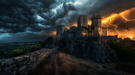 Fototapeta premium A medieval stronghold on a hill, surrounded by swirling storm clouds, rain-soaked stone walls, and a dramatic sky lit by flashes of lightning