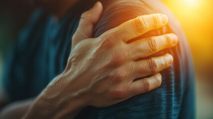 Close-up of hands clutching an injured shoulder after a severe impact, visible pain and trauma, 16:9 widescreen, [accident], [trauma impact].