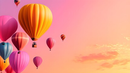 Obraz premium A majestic scene of hot air balloons floating towards the rising sun, vibrant colors contrasting with the soft pink and orange sky, Illustration, Pastel, delicate lines, whimsical style