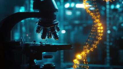 Biotechnology lab close-up with a microscope focusing on a DNA prototype, illuminated by lab lighting, [microscope], [DNA prototype].