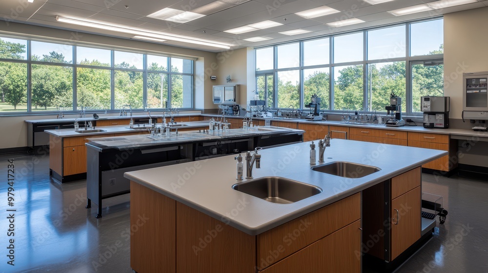 Poster modern laboratory space with multiple workstations and large windows for natural light.