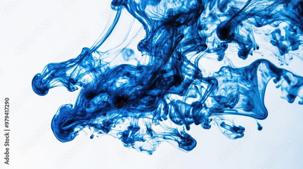 Poster blue ink dropping into clear water, creating swirling patterns and abstract shapes