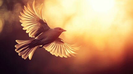 Fototapeta premium Close-up of a bird in flight, with detailed feathers and motion blur against a sunset backdrop