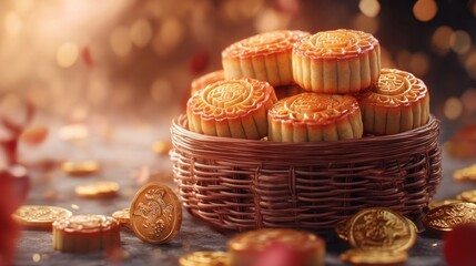 A beautiful arrangement of mooncakes in a basket, surrounded by golden coins, showcasing the festive spirit of the holiday.