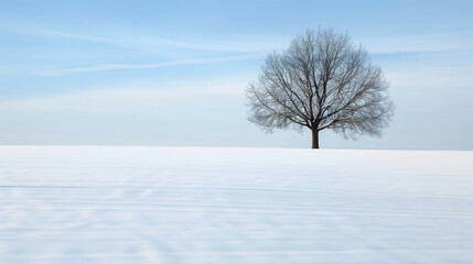 Fototapeta premium Serene Winter Landscape with a Majestic Tree Overlooking a Snow-Covered Field on a Tranquil Day