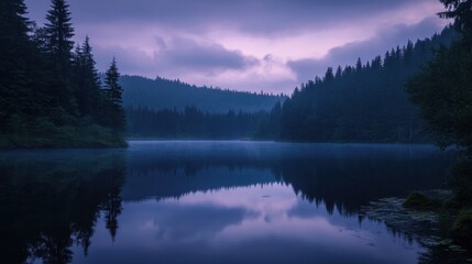 Fototapeta premium Serene lake surrounded by dense forest, reflections distorted by gentle rain, twilight sky turning deep purple, creating a moody and tranquil landscape