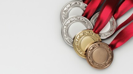 3D Collection of real gold medals for first place,Champion and winner awards medal set with red ribbon for school university or national or olympic sport even organization competition,3D render.