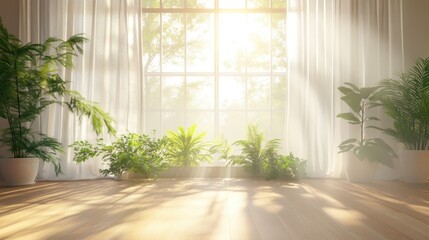 Sunlight streaming through large windows in a well-ventilated room filled with indoor plants soft curtains swaying as fresh air circulates creating a serene and healthy living space